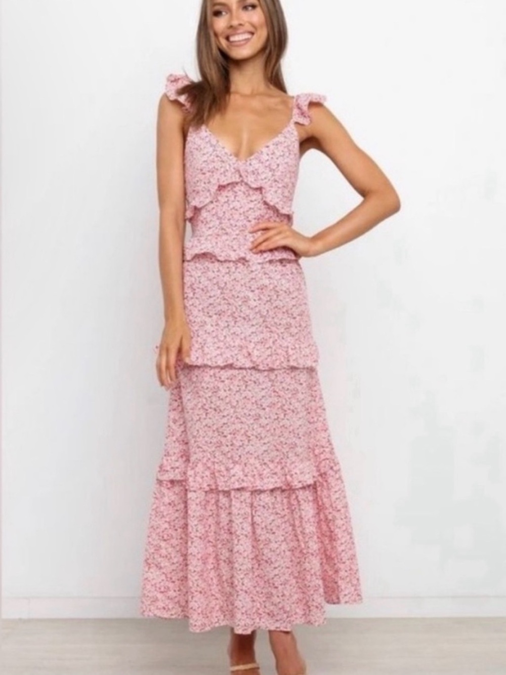 Petal & Pup Aspa Pink Floral Tiered Ruffle Maxi Dress